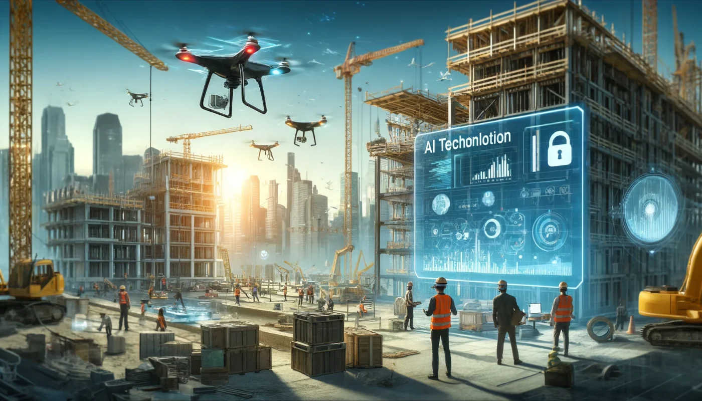 DALL·EA futuristic construction site in 2024 with advanced AI technology in action. The scene includes drones flying overhead, managing site surveillance,